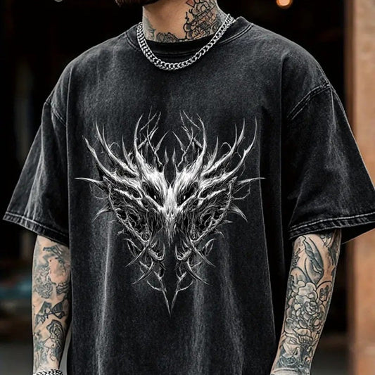 T-Shirt - Oversized Retro Streetwear Tee with Gothic Wing Graphic Print