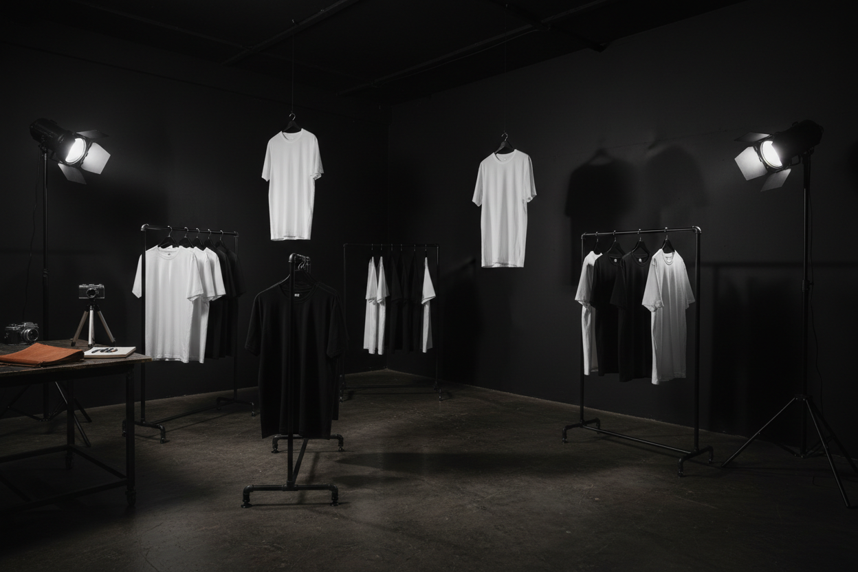 usa ese mismo estudio pero que sean camisas en blanco y negro